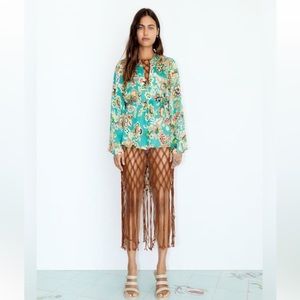 ZARA Boho Floral Kimono Oversized Blouse Top Robe Shirt Turquoise Tie Up Bow XL
